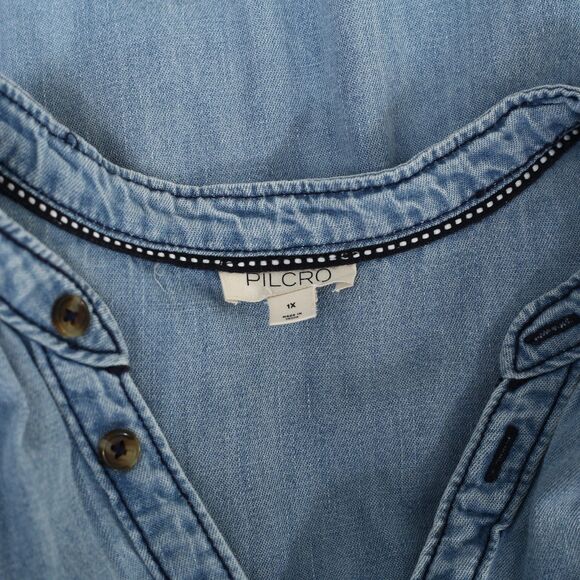 Anthropologie Pilcro The Aly Denim Puff-Sleeve Blouse Top Cotton 1X New 282557 - Picture 9 of 10